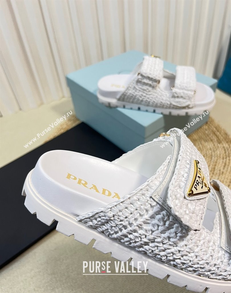 Prada Crochet Raffia Straw Flat Slide Sandals White 2024 0129 (KL-240129046)