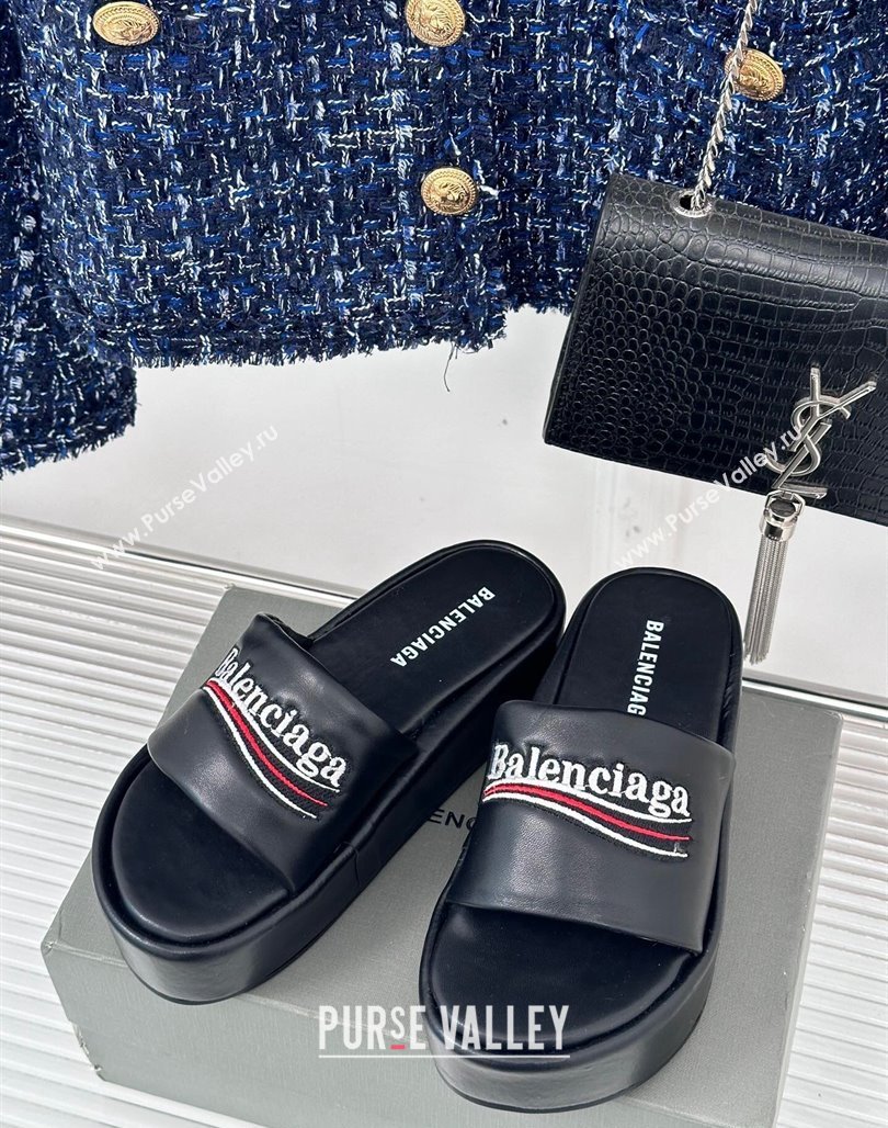 Balenciaga Logo Stripes Calfskin Platform Slide Sandals Black 2024 0129 (KL-240129024)