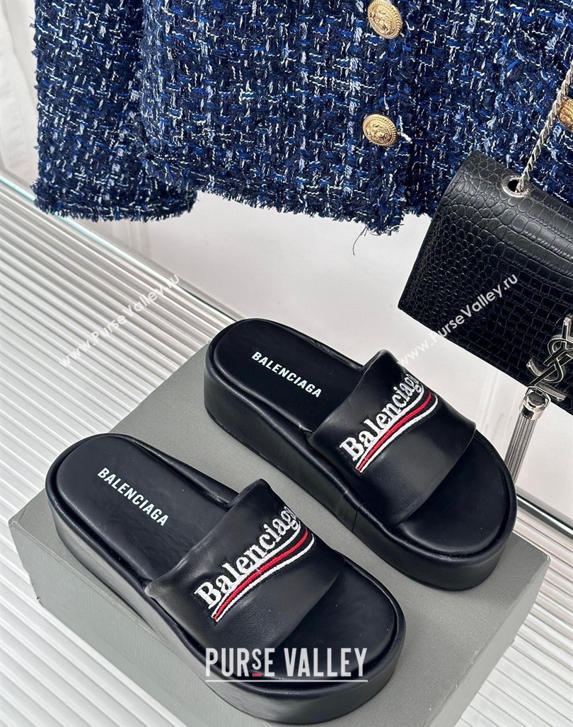 Balenciaga Logo Stripes Calfskin Platform Slide Sandals Black 2024 0129 (KL-240129024)