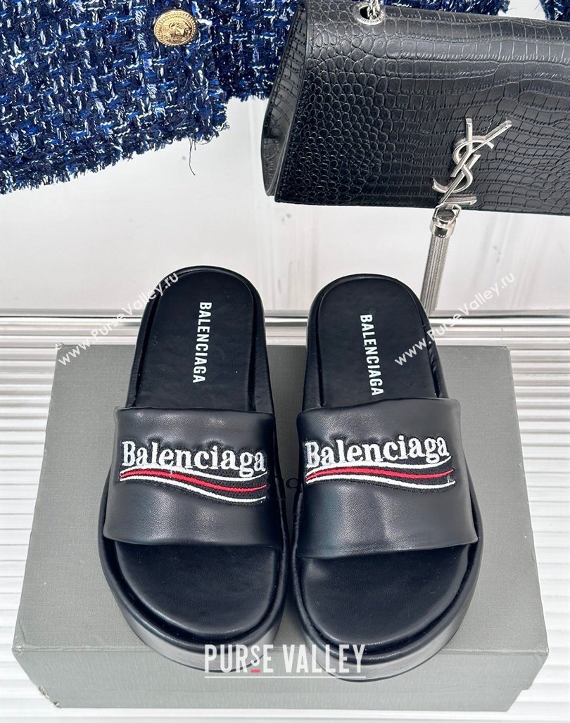 Balenciaga Logo Stripes Calfskin Platform Slide Sandals Black 2024 0129 (KL-240129024)