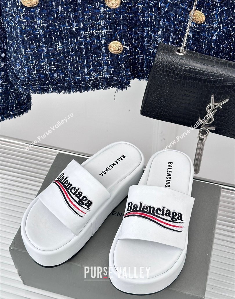 Balenciaga Logo Stripes Calfskin Platform Slide Sandals White 2024 0129 (KL-240129026)