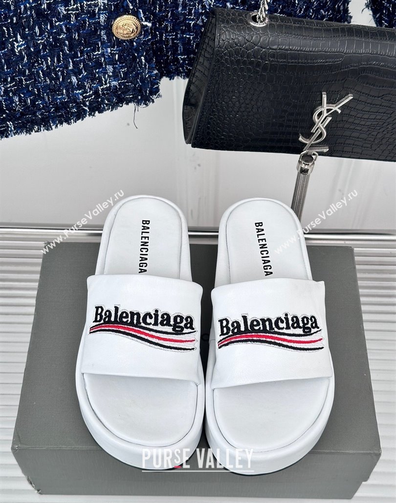 Balenciaga Logo Stripes Calfskin Platform Slide Sandals White 2024 0129 (KL-240129026)