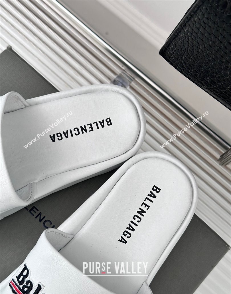 Balenciaga Logo Stripes Calfskin Platform Slide Sandals White 2024 0129 (KL-240129026)