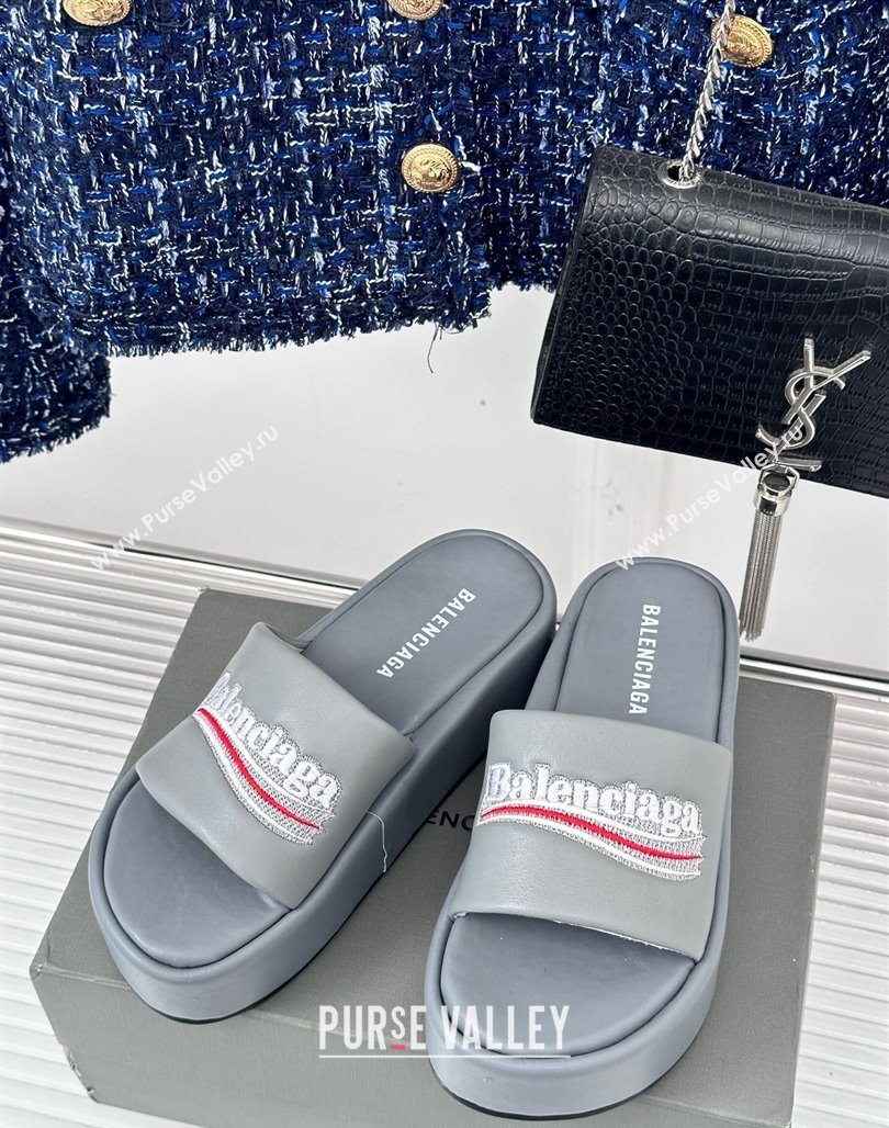 Balenciaga Logo Stripes Calfskin Platform Slide Sandals Grey 2024 0129 (KL-240129028)