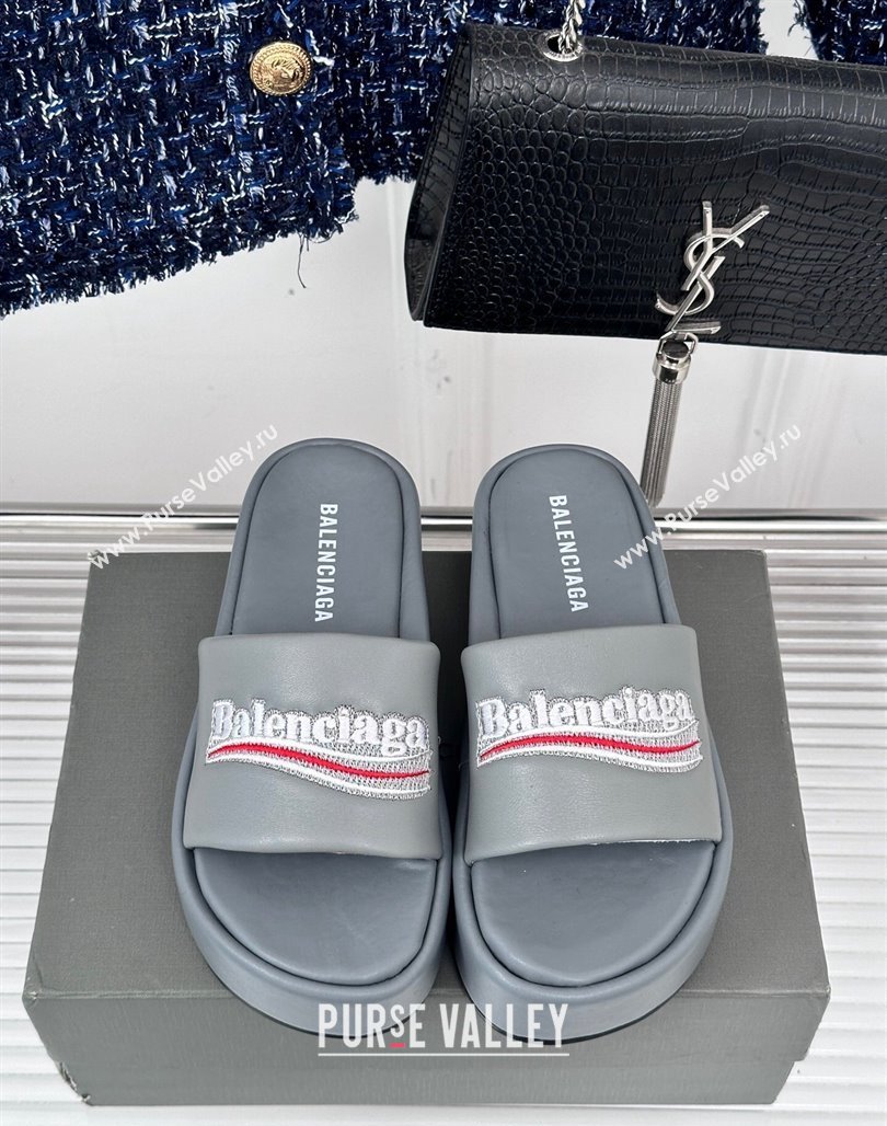 Balenciaga Logo Stripes Calfskin Platform Slide Sandals Grey 2024 0129 (KL-240129028)