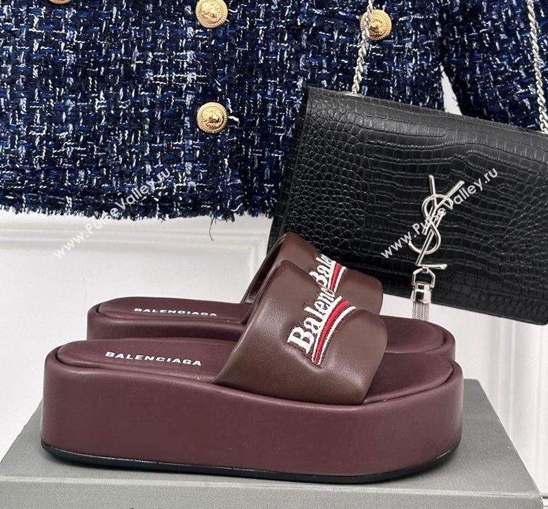 Balenciaga Logo Stripes Calfskin Platform Slide Sandals Burgundy 2024 0129 (KL-240129029)