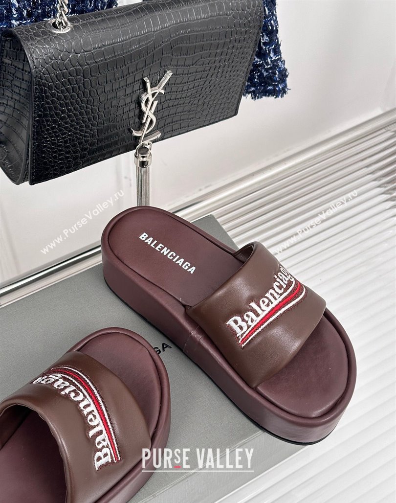 Balenciaga Logo Stripes Calfskin Platform Slide Sandals Burgundy 2024 0129 (KL-240129029)