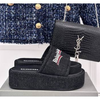 Balenciaga Logo Stripes Denim Platform Slide Sandals Black 2024 0129 (KL-240129031)