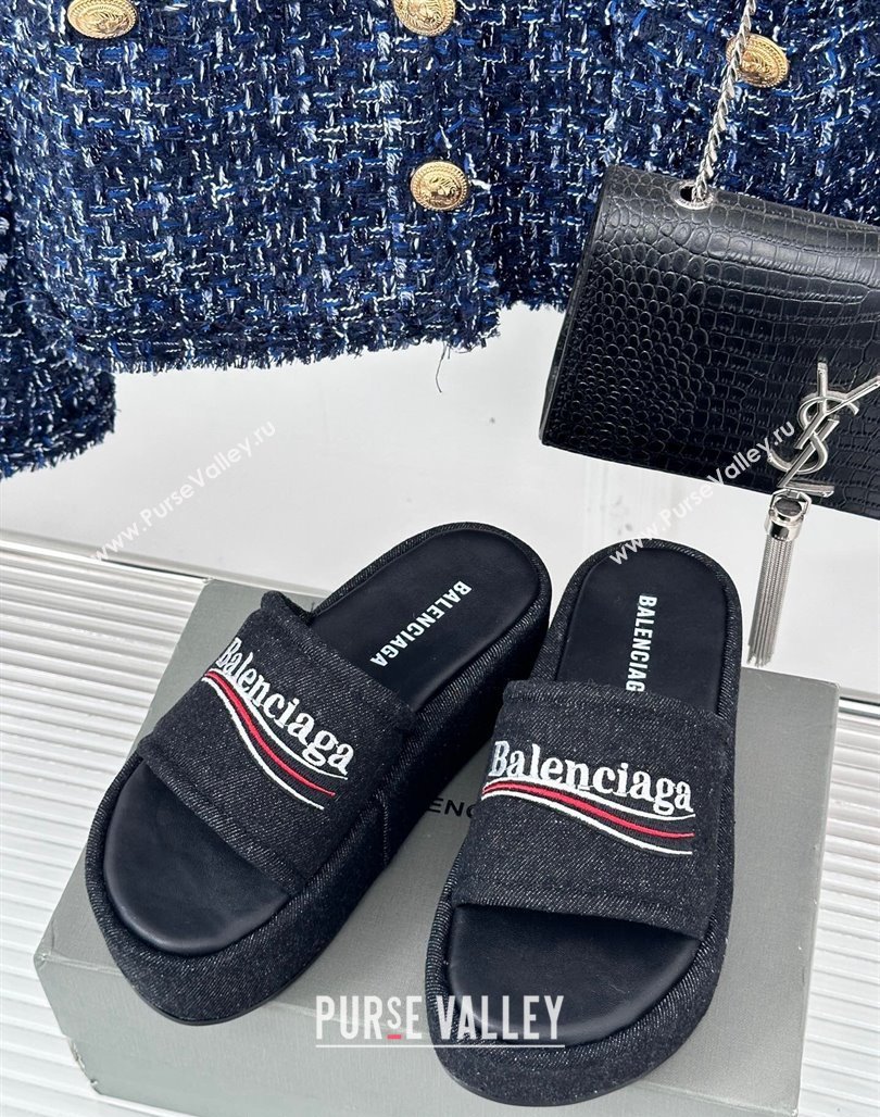 Balenciaga Logo Stripes Denim Platform Slide Sandals Black 2024 0129 (KL-240129031)