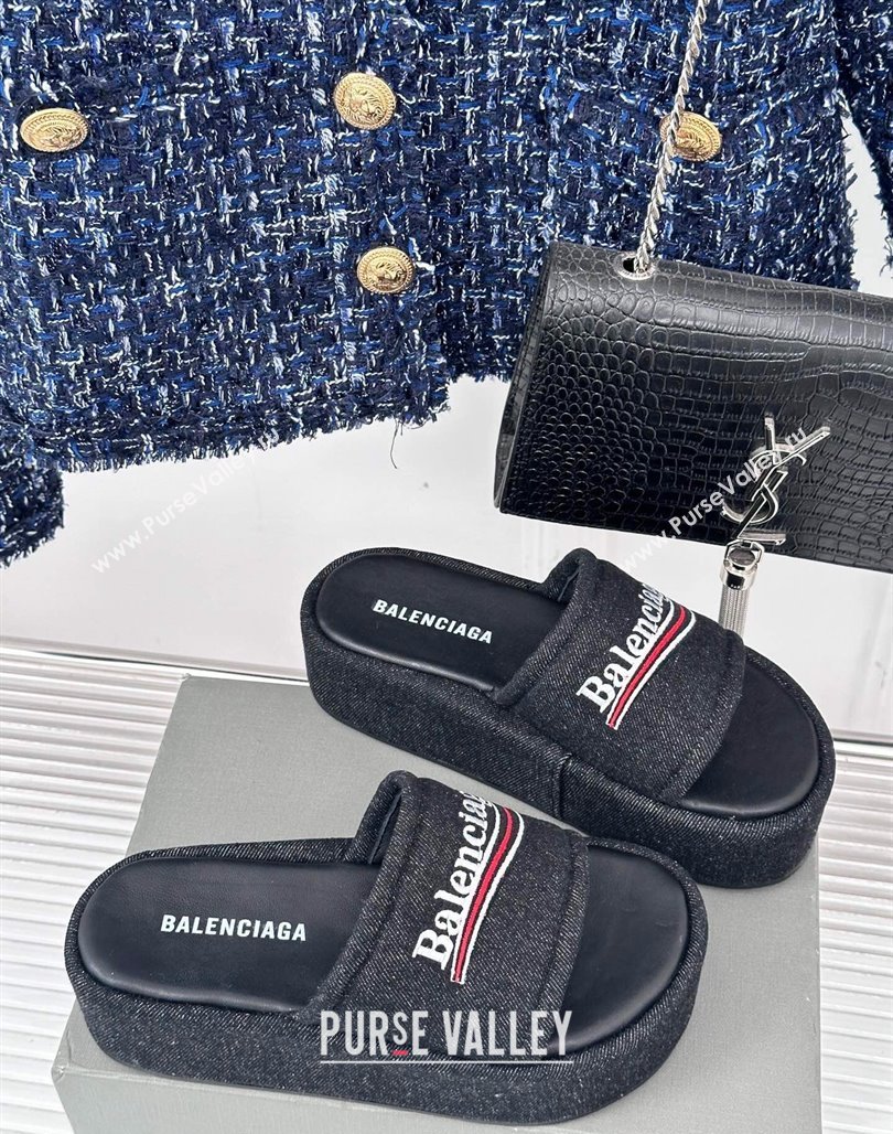 Balenciaga Logo Stripes Denim Platform Slide Sandals Black 2024 0129 (KL-240129031)