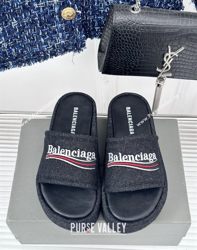 Balenciaga Logo Stripes Denim Platform Slide Sandals Black 2024 0129 (KL-240129031)