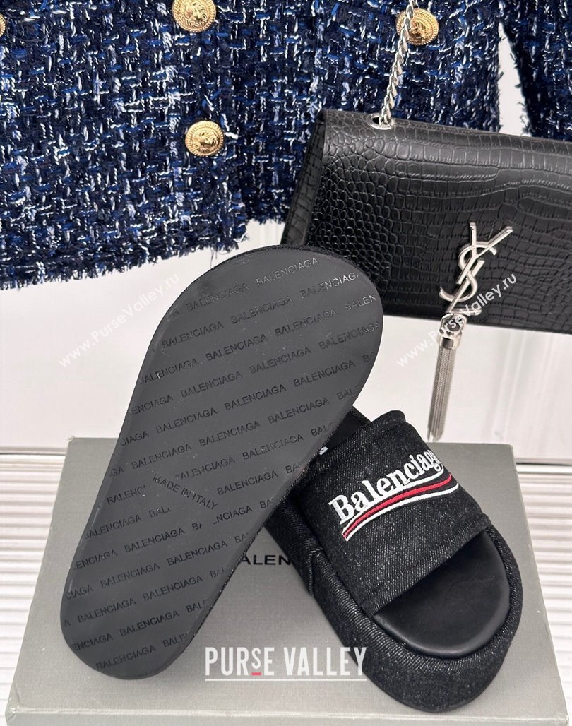 Balenciaga Logo Stripes Denim Platform Slide Sandals Black 2024 0129 (KL-240129031)