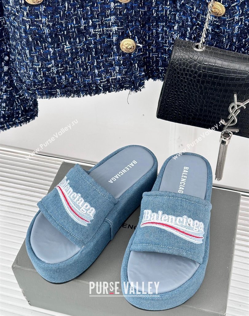 Balenciaga Logo Stripes Denim Platform Slide Sandals Light Blue 2024 0129 (KL-240129032)