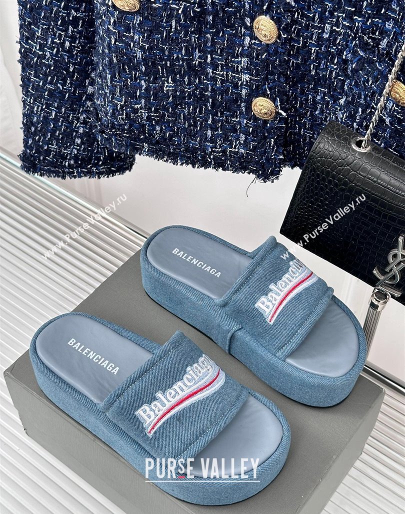 Balenciaga Logo Stripes Denim Platform Slide Sandals Light Blue 2024 0129 (KL-240129032)