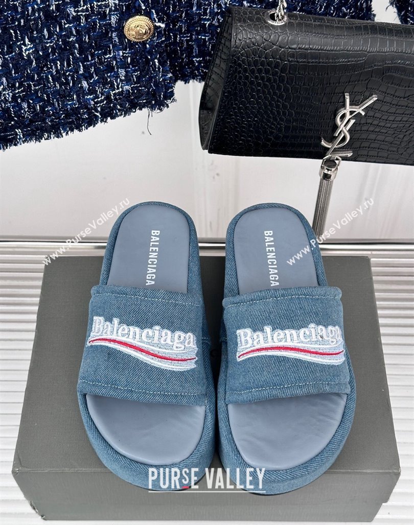 Balenciaga Logo Stripes Denim Platform Slide Sandals Light Blue 2024 0129 (KL-240129032)