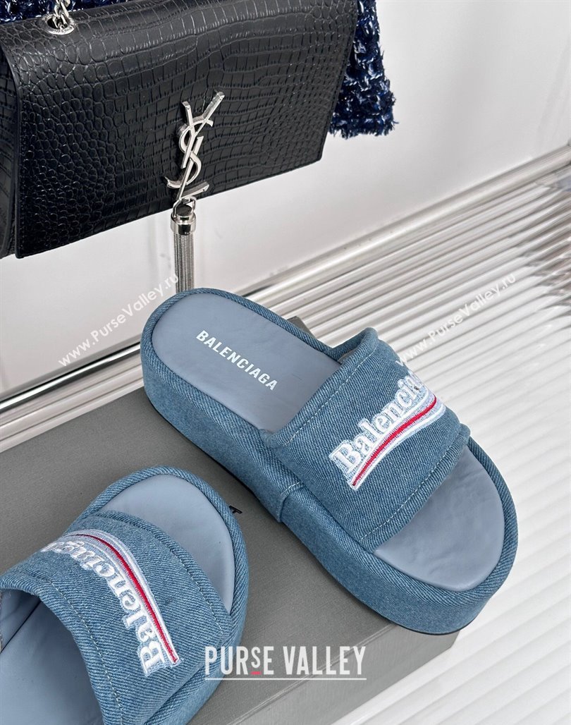 Balenciaga Logo Stripes Denim Platform Slide Sandals Light Blue 2024 0129 (KL-240129032)