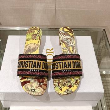 Dior Dway Heel Slide Sandals 3.5cm in Yellow Multicolor Embroidered Cotton with Toile de Jouy Voyage Motif 2024 (MD-240126007)