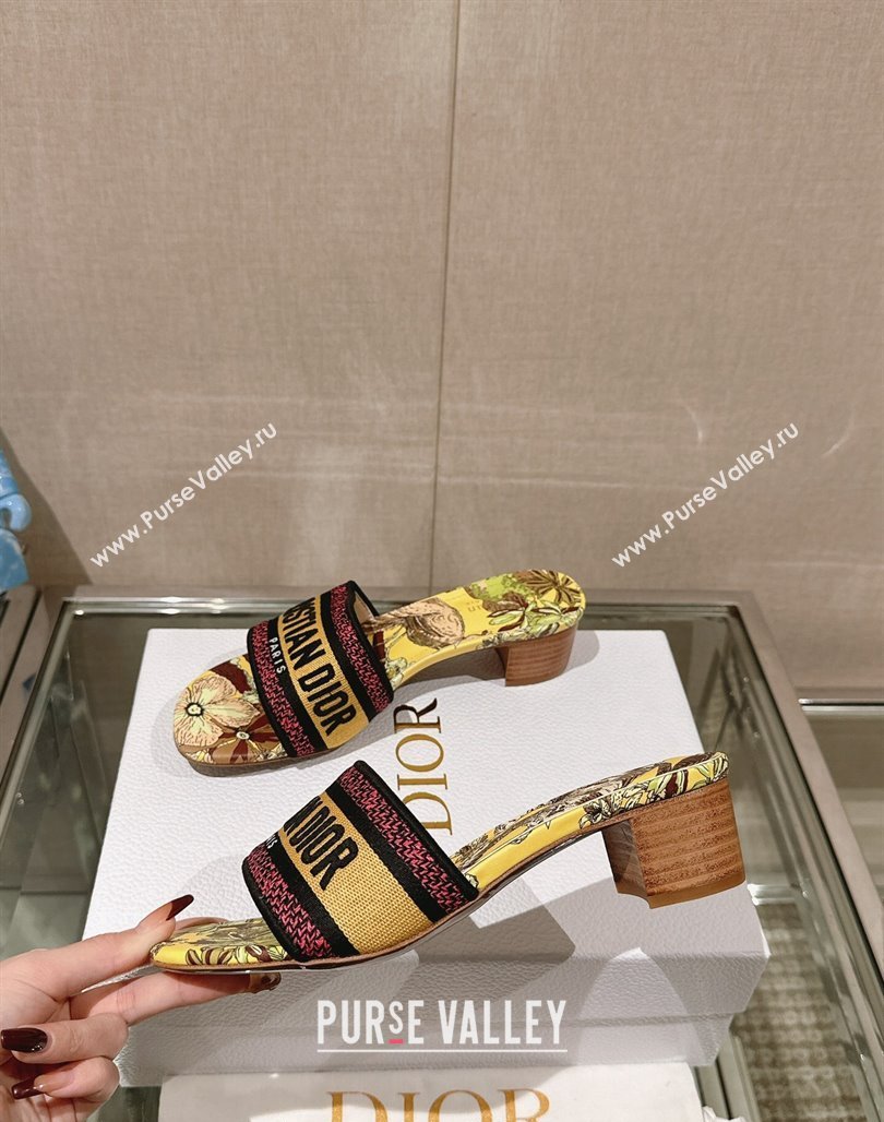 Dior Dway Heel Slide Sandals 3.5cm in Yellow Multicolor Embroidered Cotton with Toile de Jouy Voyage Motif 2024 (MD-240126007)