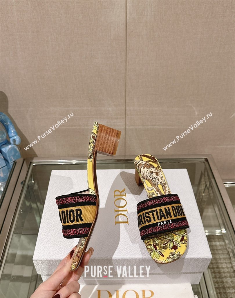 Dior Dway Heel Slide Sandals 3.5cm in Yellow Multicolor Embroidered Cotton with Toile de Jouy Voyage Motif 2024 (MD-240126007)