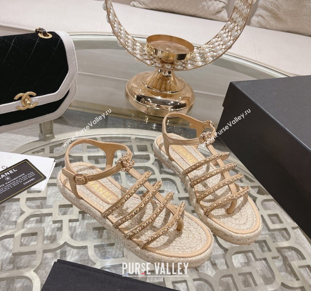 Chanel Lambskin Flat Sandals with Chain Beige 2024 0126 (MD-240126129)