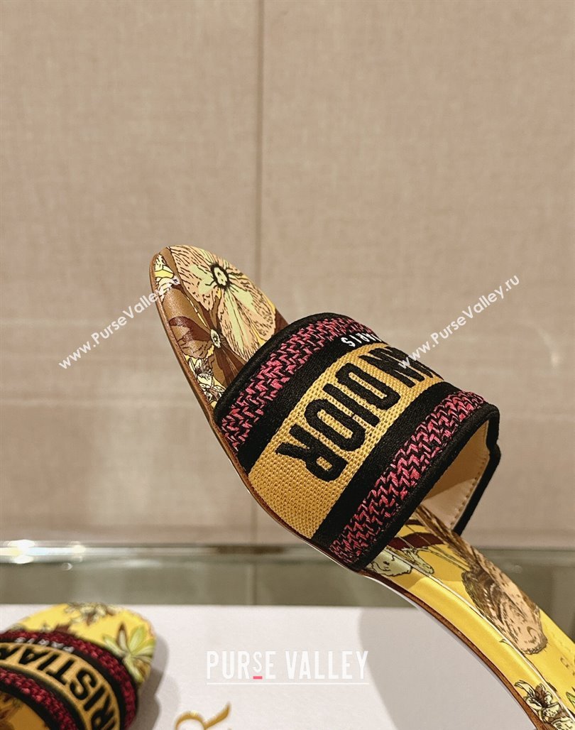 Dior Dway Heel Slide Sandals 3.5cm in Yellow Multicolor Embroidered Cotton with Toile de Jouy Voyage Motif 2024 (MD-240126007)