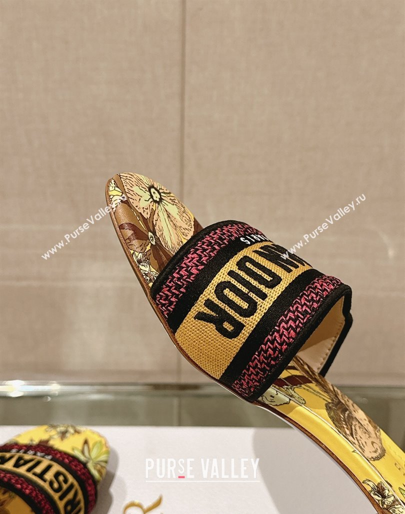 Dior Dway Heel Slide Sandals 3.5cm in Yellow Multicolor Embroidered Cotton with Toile de Jouy Voyage Motif 2024 (MD-240126007)