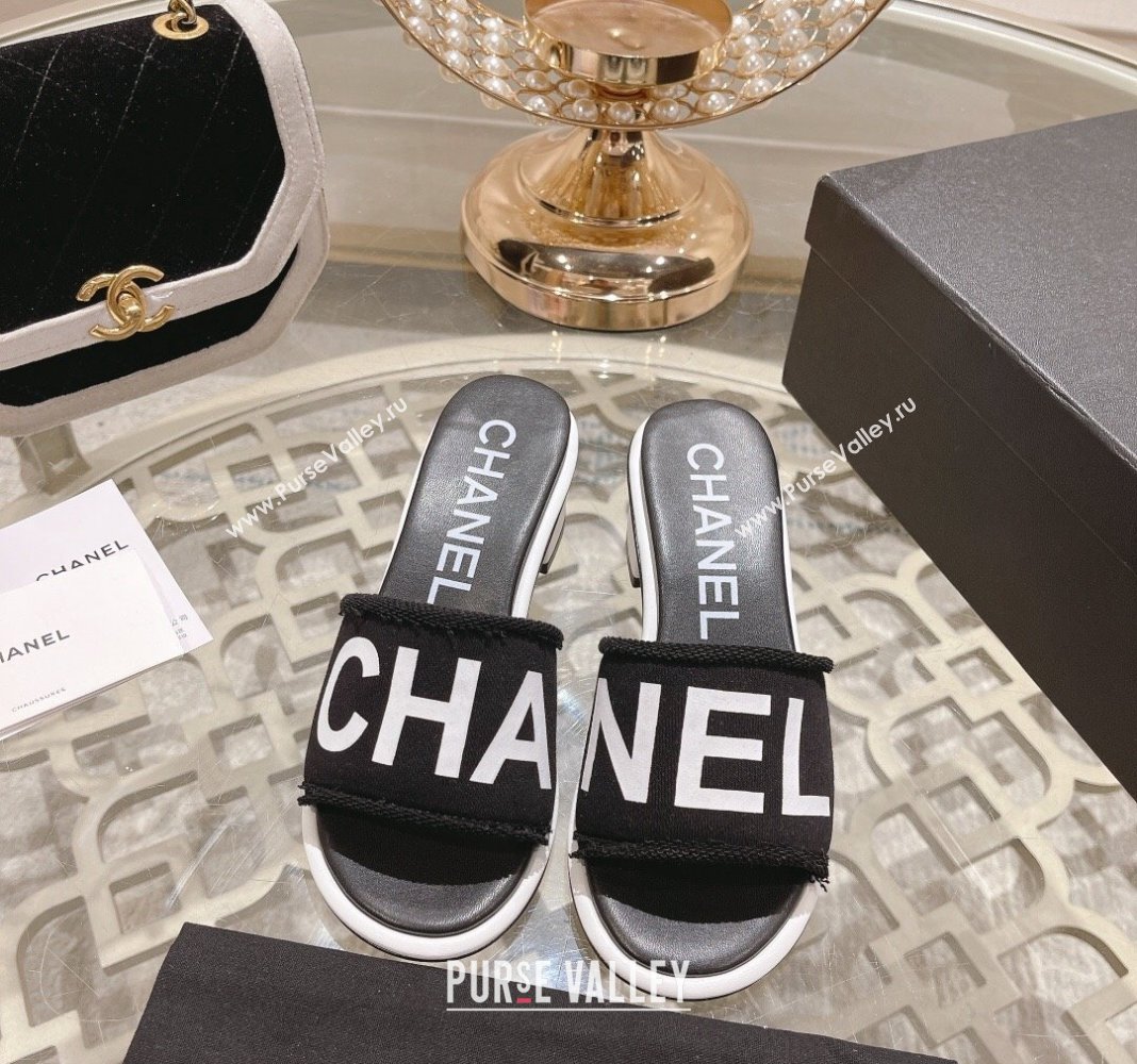 Chanel Denim Heel Slide Sandals 4.5cm with Fringe Trim Black 2024 (MD-240126145)