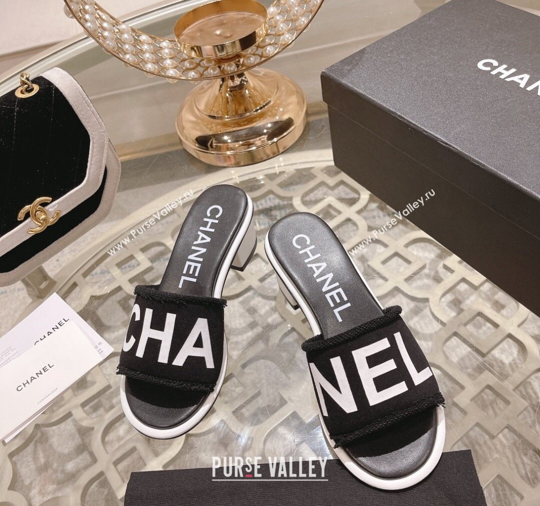 Chanel Denim Heel Slide Sandals 4.5cm with Fringe Trim Black 2024 (MD-240126145)