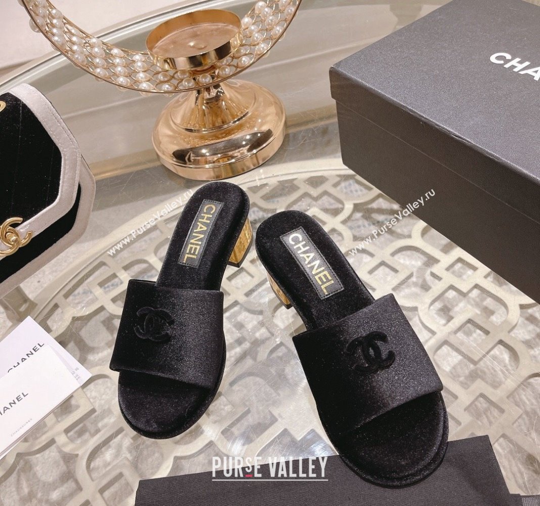 Chanel Velvet Slide Sandals 5cm with Gold-Tone Heel Black 2024 0126 (MD-240126106)