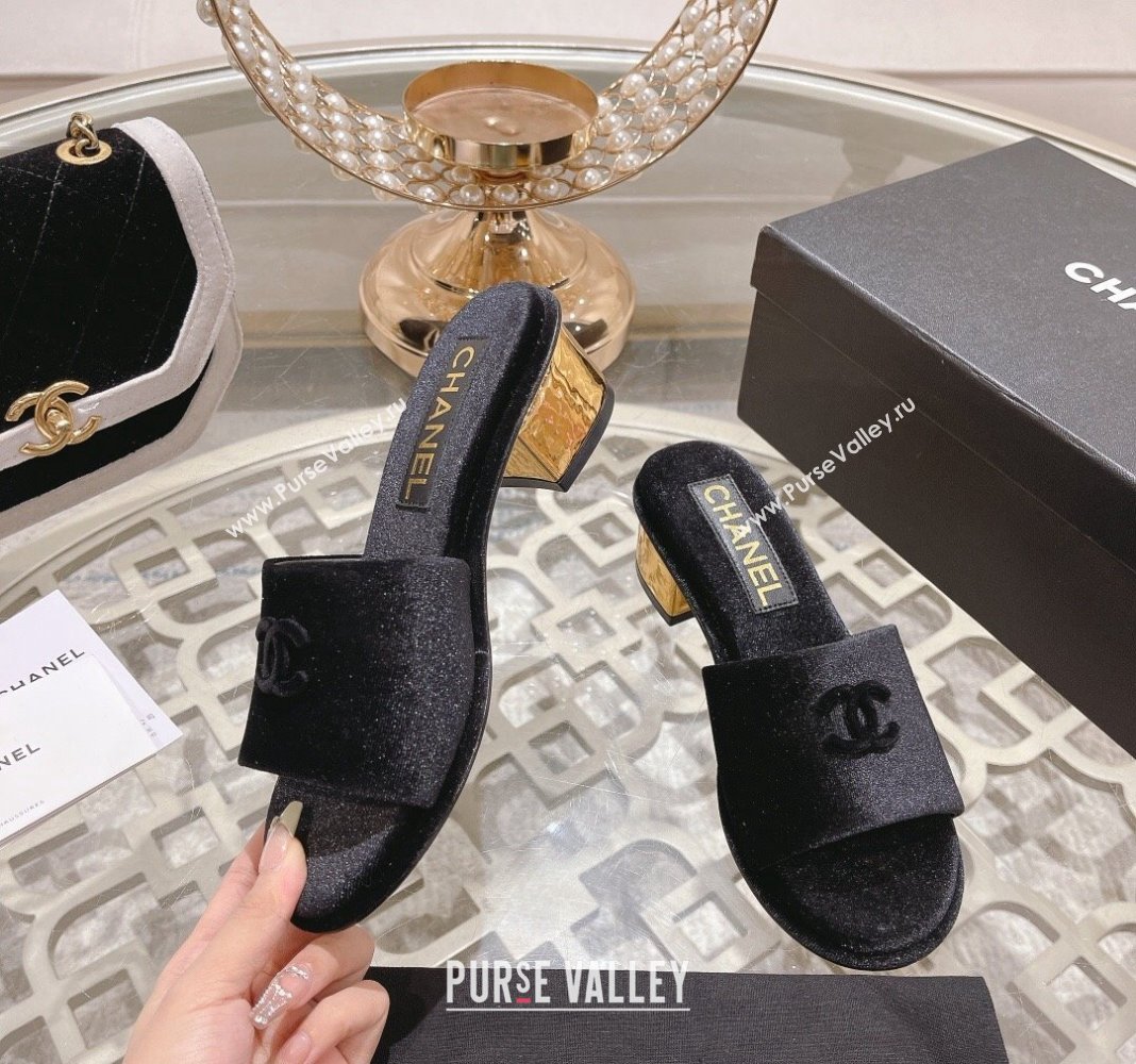 Chanel Velvet Slide Sandals 5cm with Gold-Tone Heel Black 2024 0126 (MD-240126106)