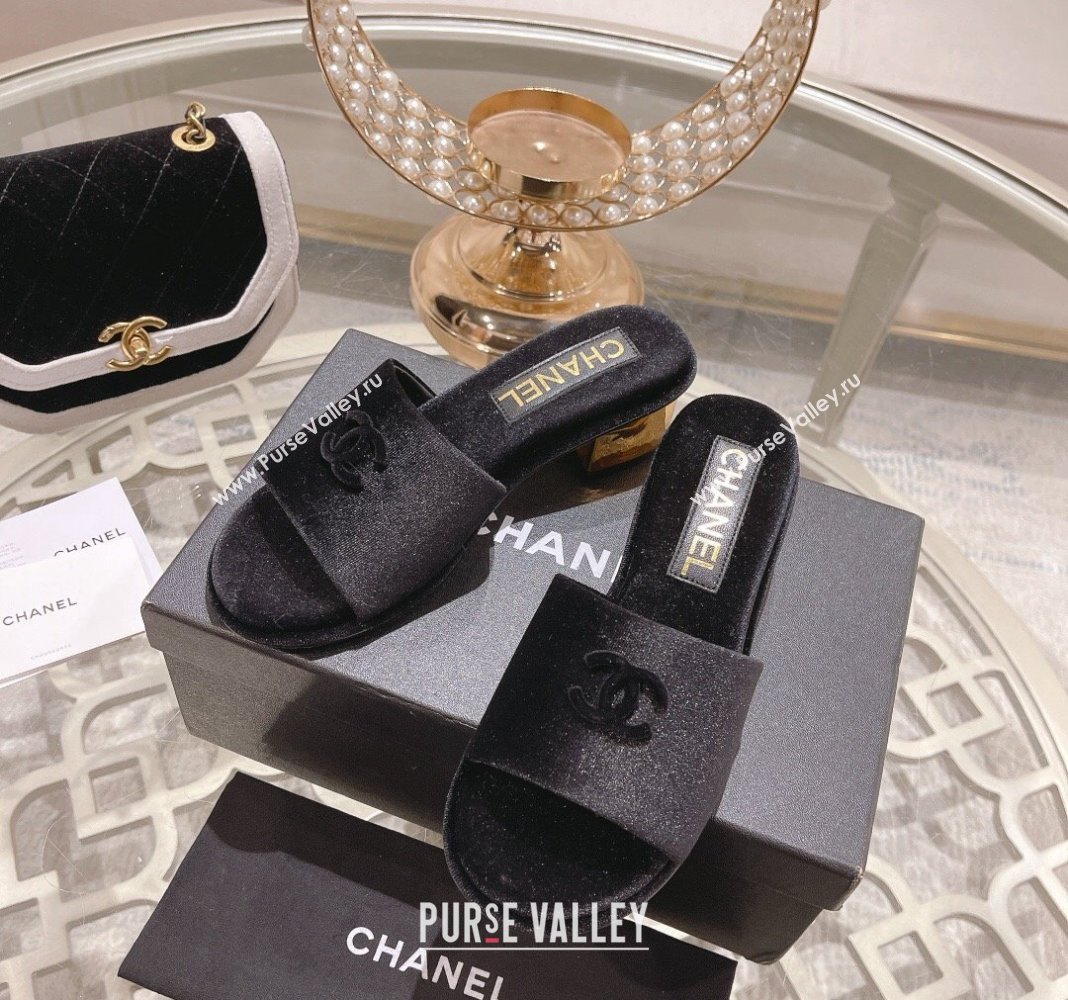 Chanel Velvet Slide Sandals 5cm with Gold-Tone Heel Black 2024 0126 (MD-240126106)