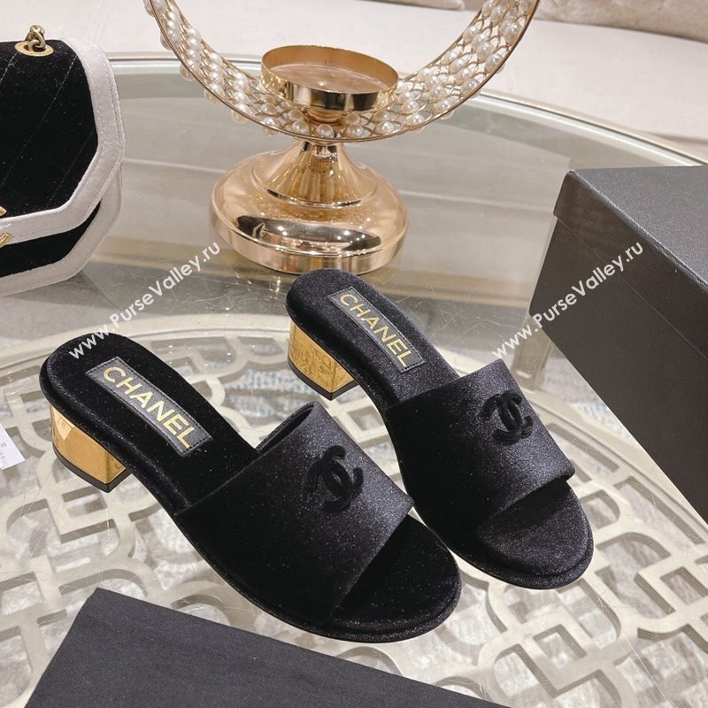 Chanel Velvet Slide Sandals 5cm with Gold-Tone Heel Black 2024 0126 (MD-240126106)