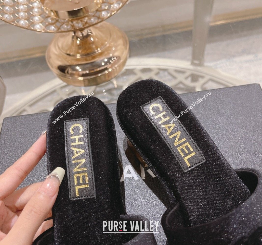 Chanel Velvet Slide Sandals 5cm with Gold-Tone Heel Black 2024 0126 (MD-240126106)