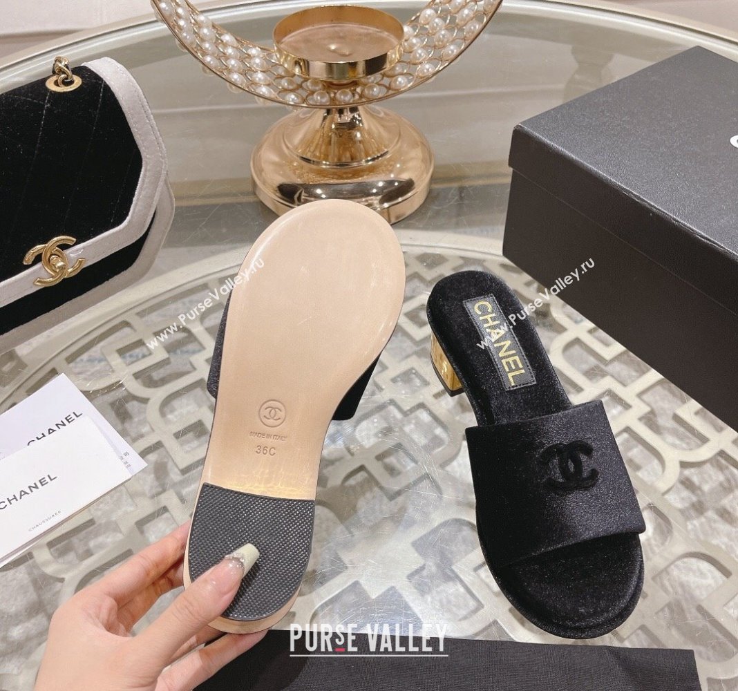 Chanel Velvet Slide Sandals 5cm with Gold-Tone Heel Black 2024 0126 (MD-240126106)