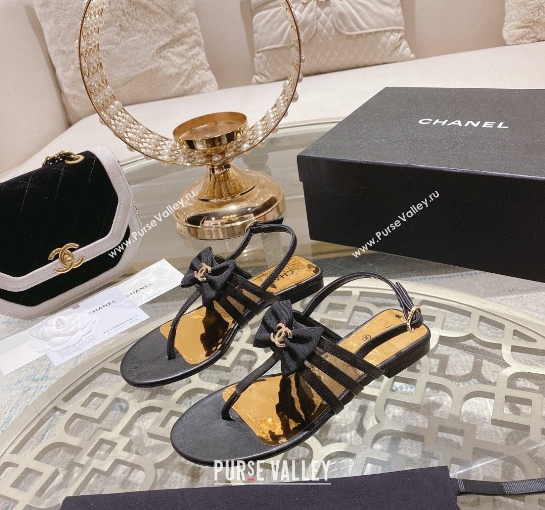 Chanel Lambskin Flat Thong Sandals with Bow Black 2024 0126 (MD-240126148)