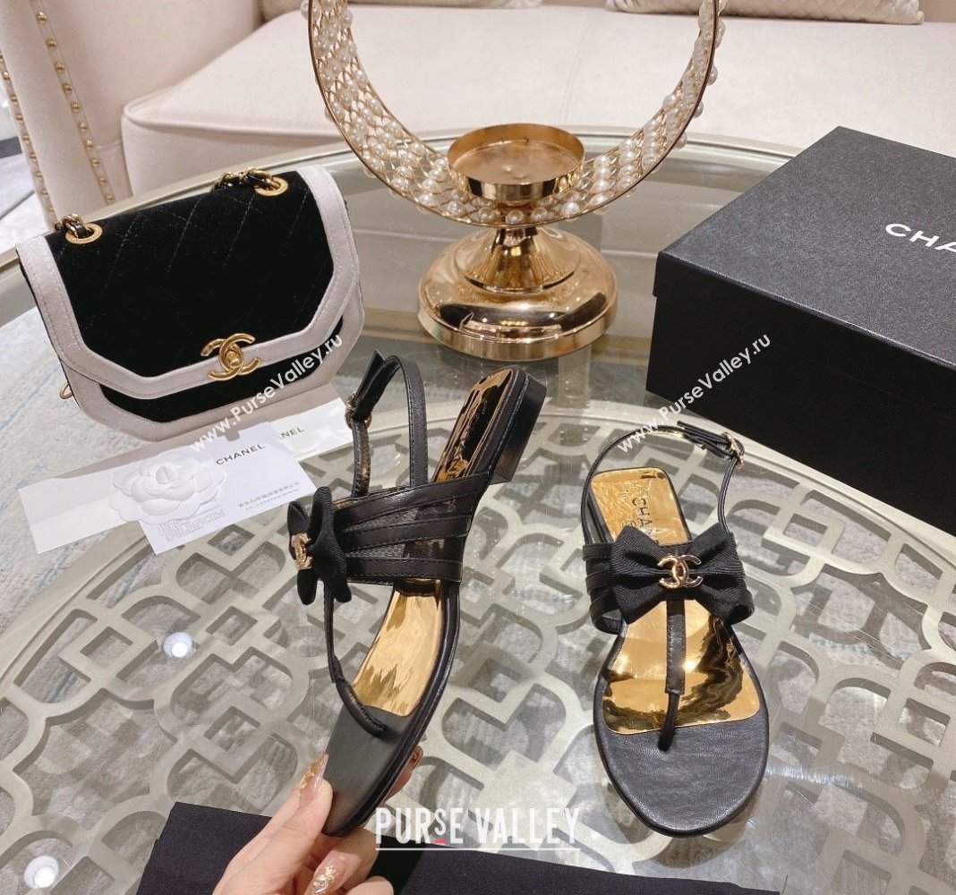 Chanel Lambskin Flat Thong Sandals with Bow Black 2024 0126 (MD-240126148)