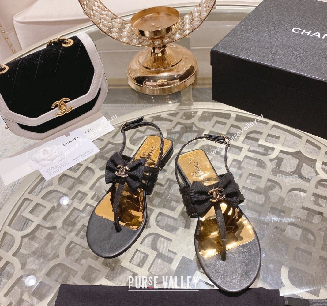 Chanel Lambskin Flat Thong Sandals with Bow Black 2024 0126 (MD-240126148)