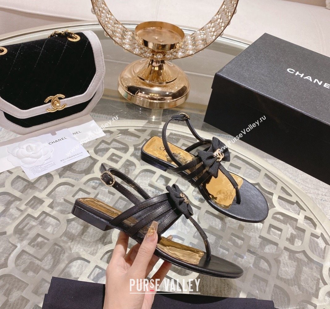 Chanel Lambskin Flat Thong Sandals with Bow Black 2024 0126 (MD-240126148)