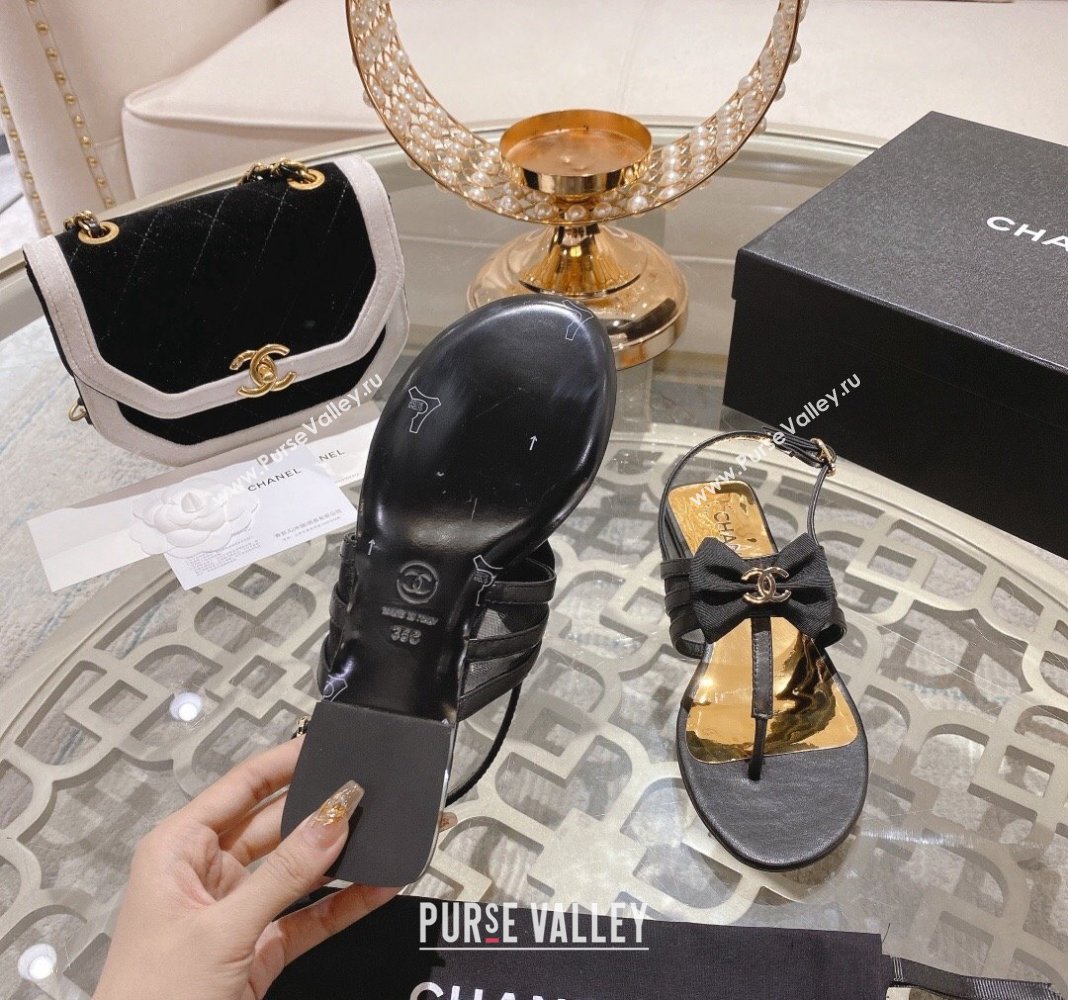 Chanel Lambskin Flat Thong Sandals with Bow Black 2024 0126 (MD-240126148)