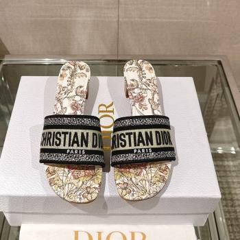 Dior Dway Heel Slide Sandals 3.5cm in Gold-Tone Embroidered Cotton with Toile de Jouy Mexico Motif 2024 0126 (MD-240126005)