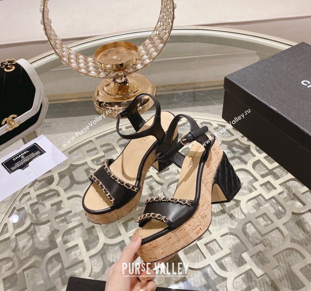 Chanel Lambskin Platform Sandals 10.5cm with Chain Black 2024 0126 (MD-240126149)