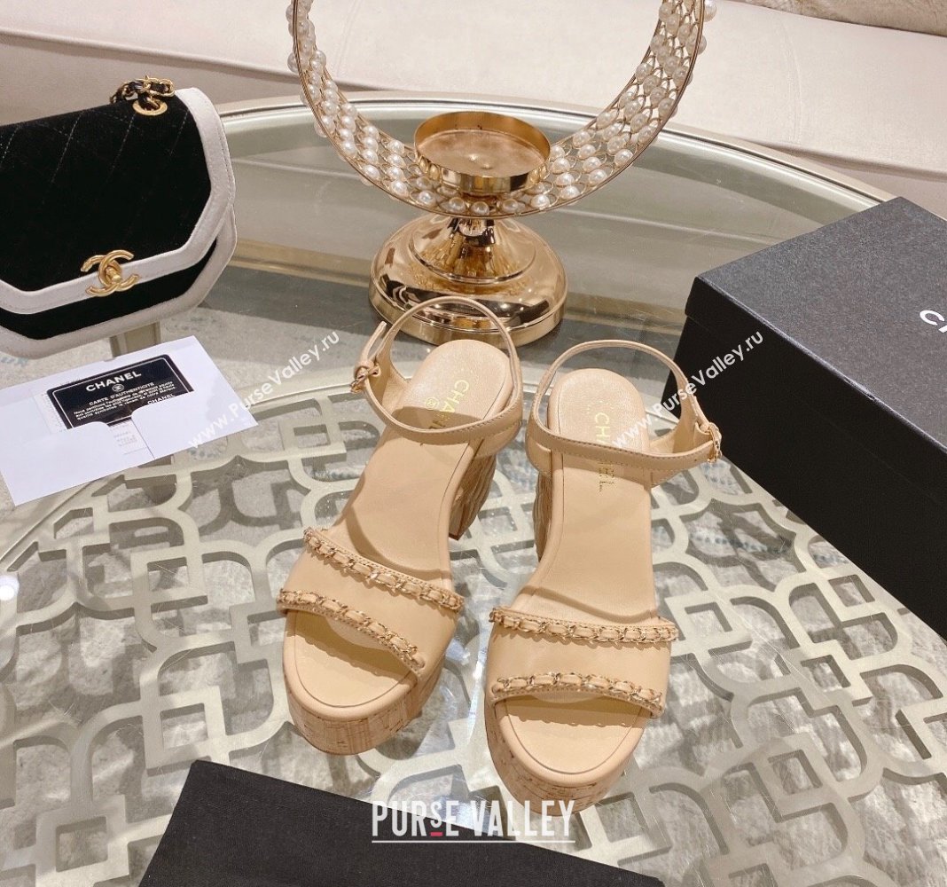 Chanel Lambskin Platform Sandals 10.5cm with Chain Beige 2024 0126 (MD-240126151)