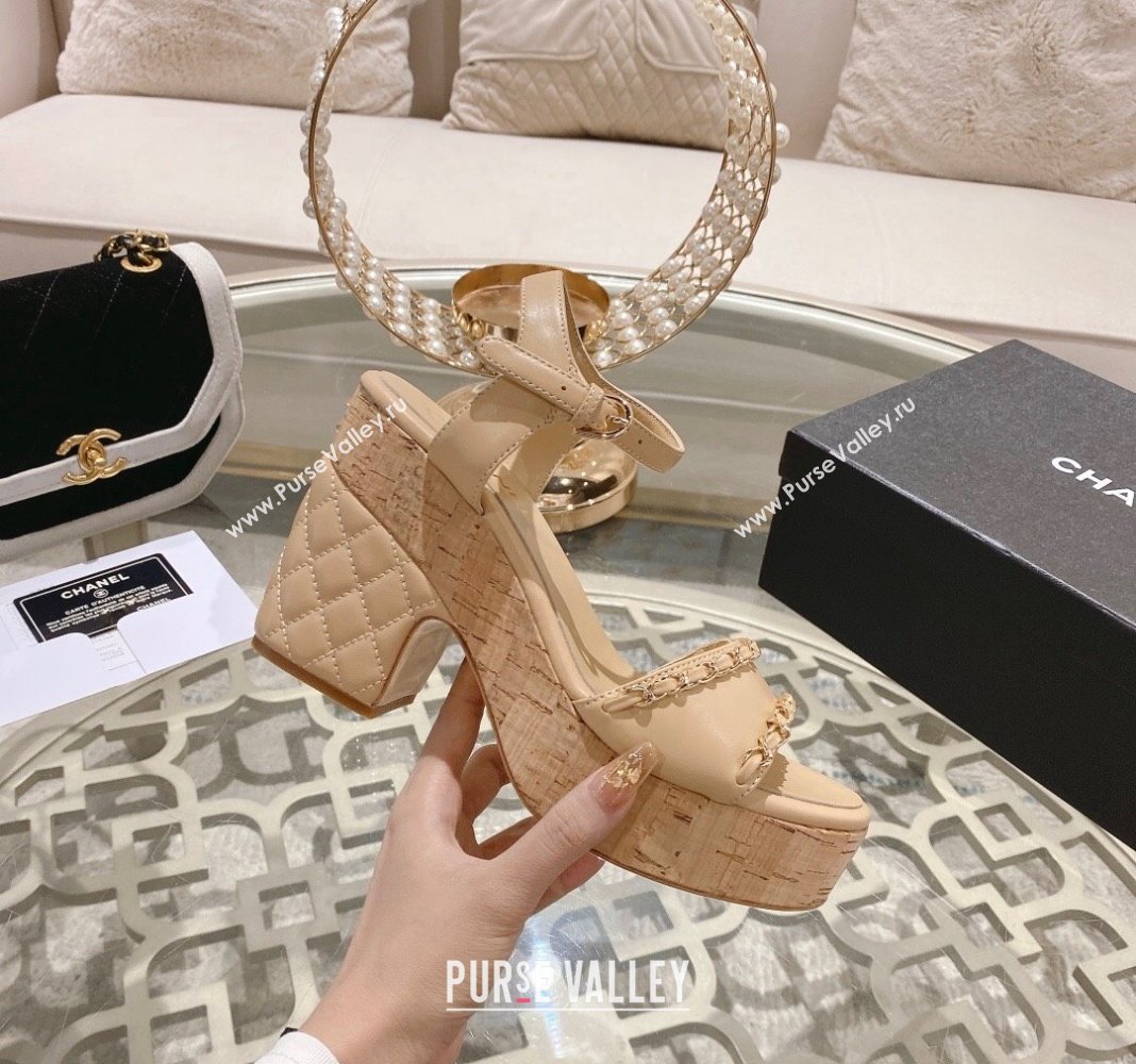 Chanel Lambskin Platform Sandals 10.5cm with Chain Beige 2024 0126 (MD-240126151)