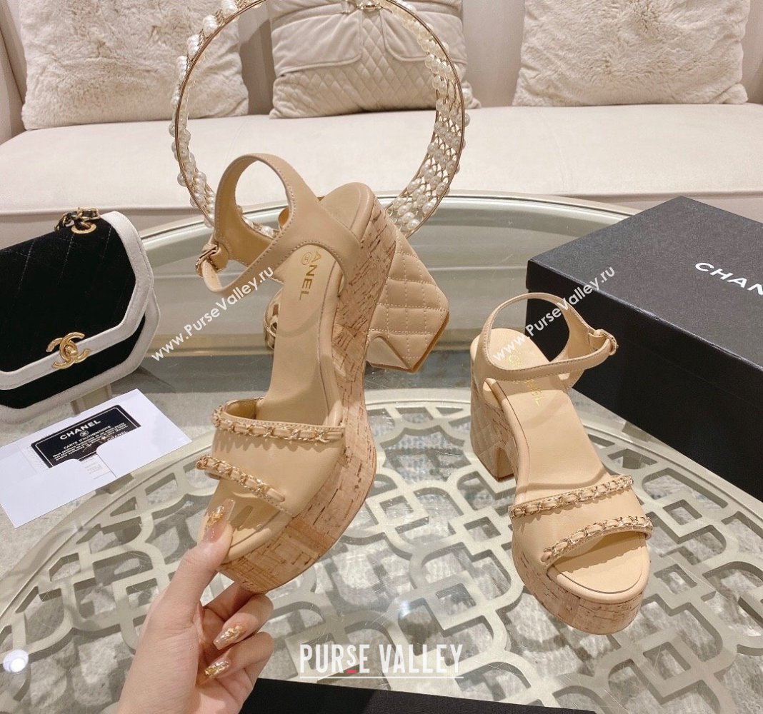 Chanel Lambskin Platform Sandals 10.5cm with Chain Beige 2024 0126 (MD-240126151)