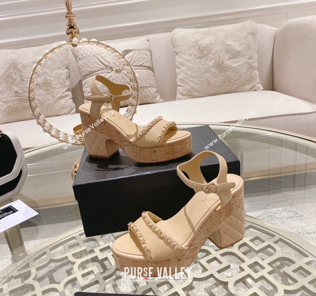 Chanel Lambskin Platform Sandals 10.5cm with Chain Beige 2024 0126 (MD-240126151)