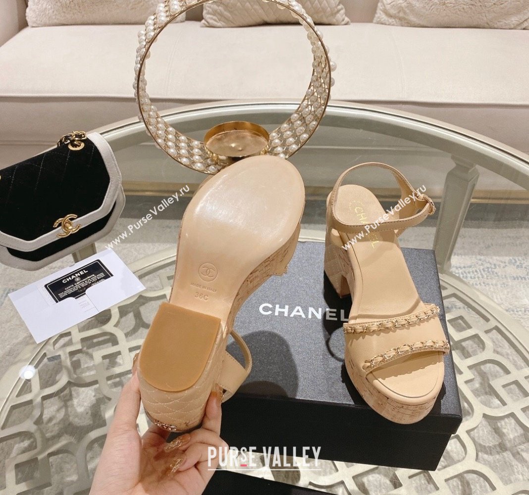 Chanel Lambskin Platform Sandals 10.5cm with Chain Beige 2024 0126 (MD-240126151)