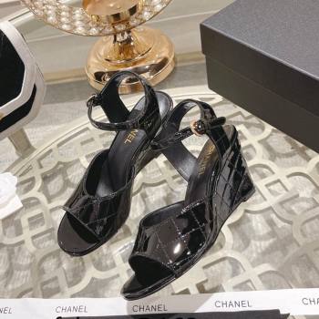 Chanel Quilted Patent Calfskin Wedge Sandals 7.5cm Black 2024 0126 (MD-240126152)