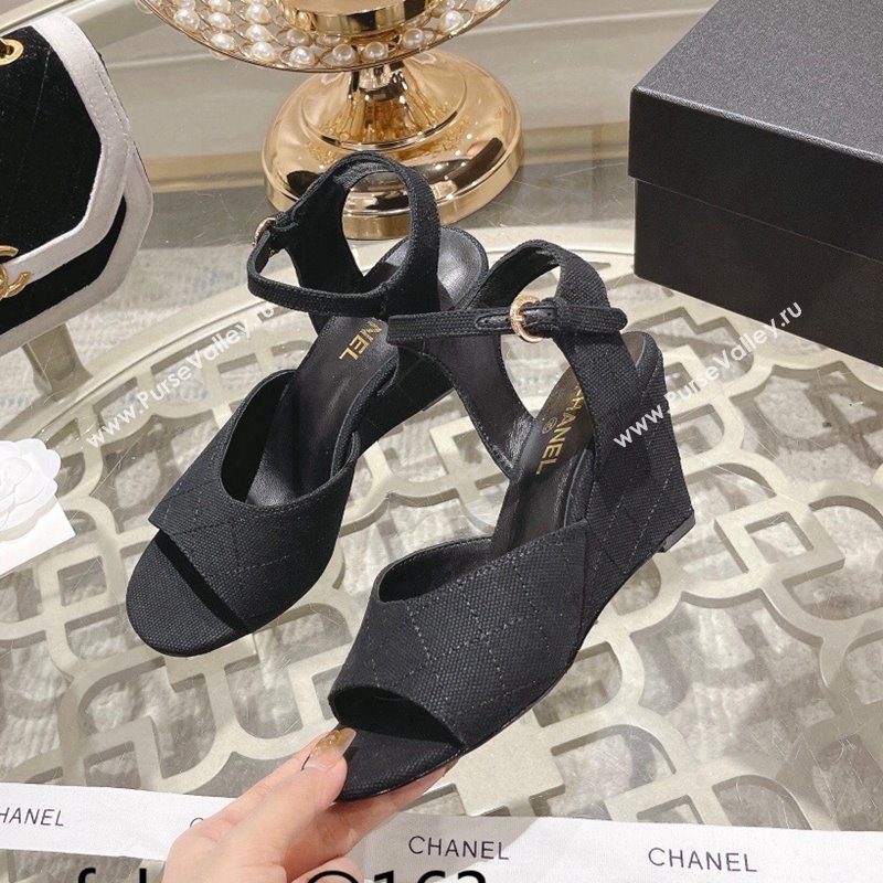 Chanel Quilted Canvas Wedge Sandals 7.5cm Black 2024 0126 (MD-240126156)