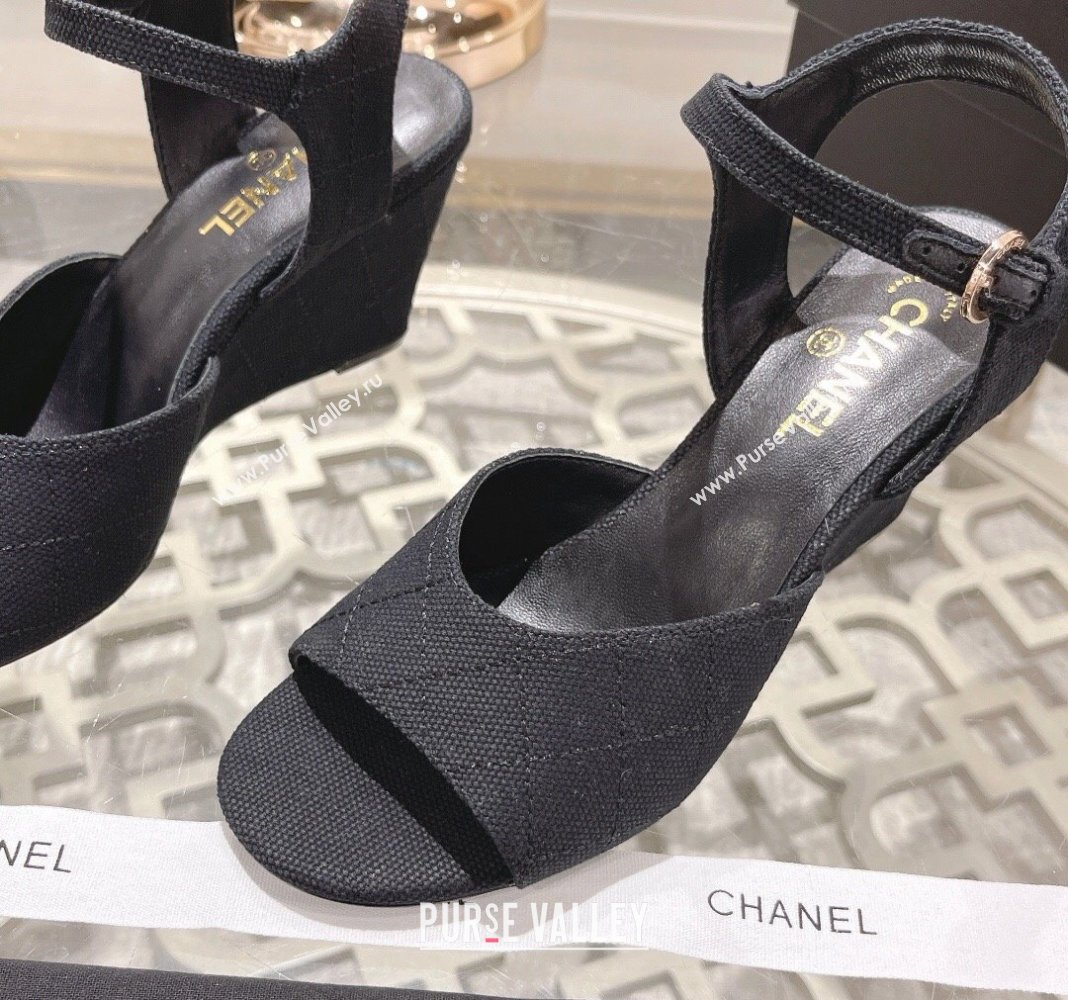 Chanel Quilted Canvas Wedge Sandals 7.5cm Black 2024 0126 (MD-240126156)