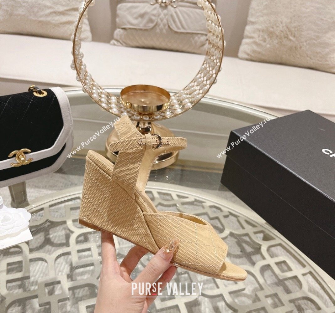 Chanel Quilted Canvas Wedge Sandals 7.5cm Beige 2024 0126 (MD-240126158)